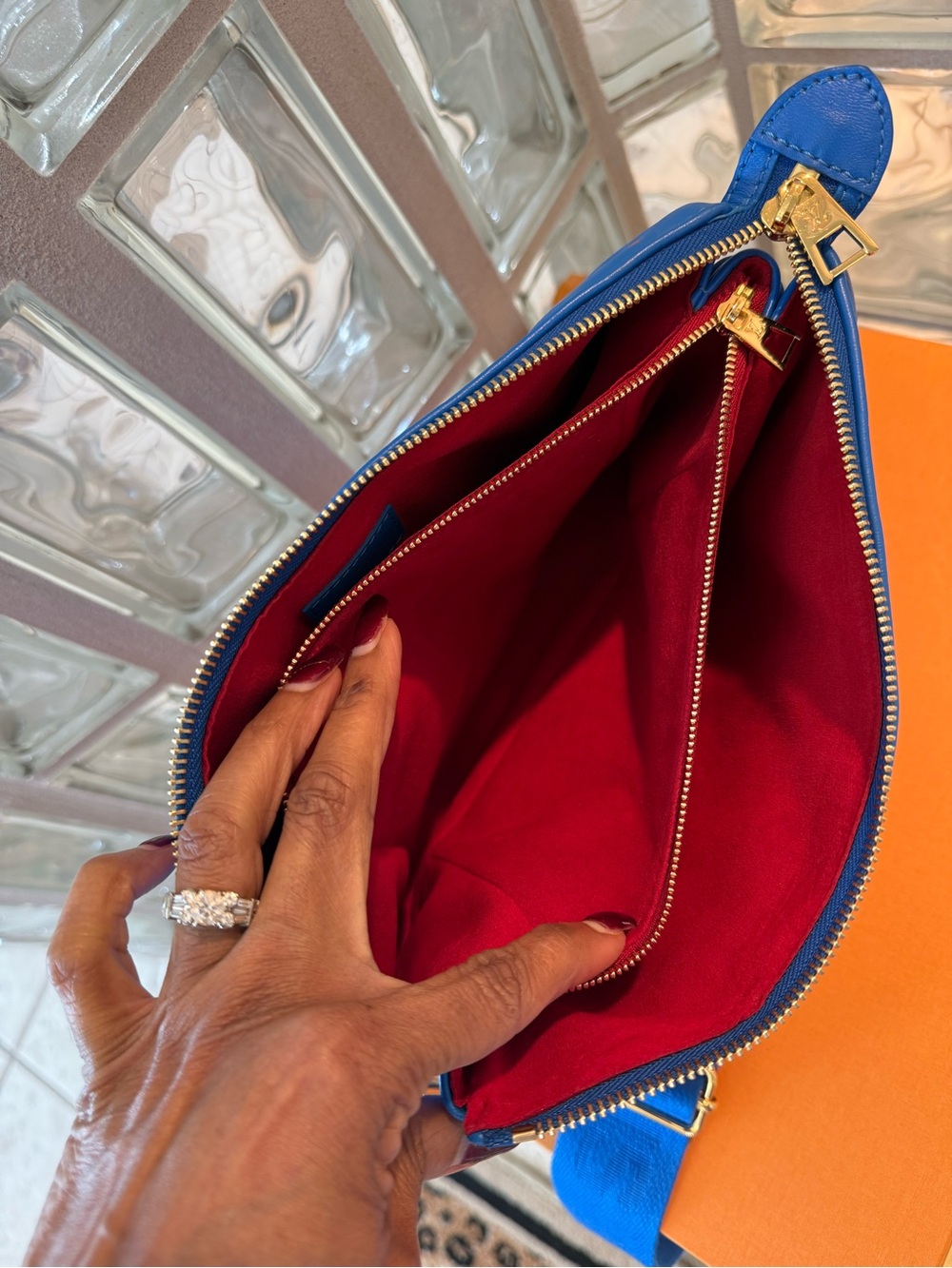 Louis Vuitton Blue & Red Quilted Monogram Coussin PM Bag with Gold Chain & Strap - Picture 11 of 14